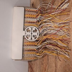 White and Yellow Fringe Clutch with Woven Texture